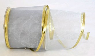 Stuha organza 6 cm, 2,7 m, stbrn, zlat lem